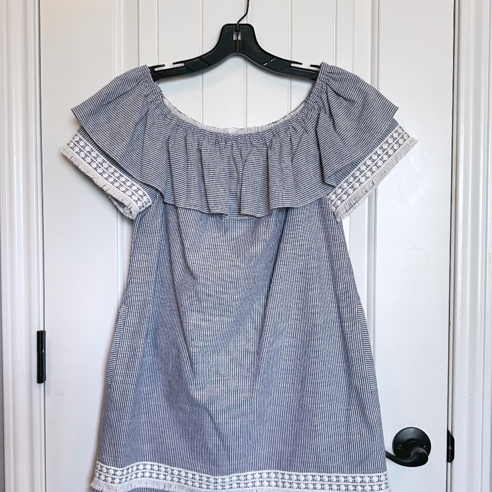 Tahari ASL Blue and White Mini Dress, Off the Shoulder, 4P, Like New Condition